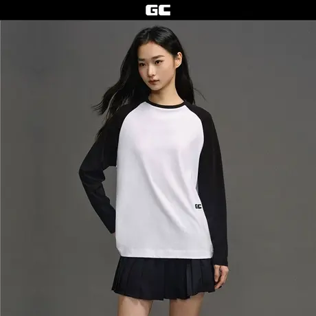 GC2025秋冬新款长袖T恤女纯棉刺绣撞色插肩宽松圆领上衣12325016商品大图