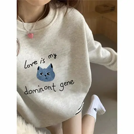 美式灰色重磅无帽卫衣女加绒2025新款小个子圆领韩系慵懒长袖上衣商品大图
