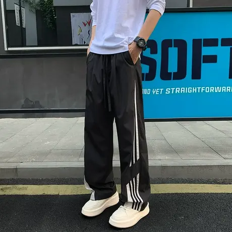裤子男春秋季2025新款拼接条纹直筒裤ins大码美式休闲拖地长裤子商品大图