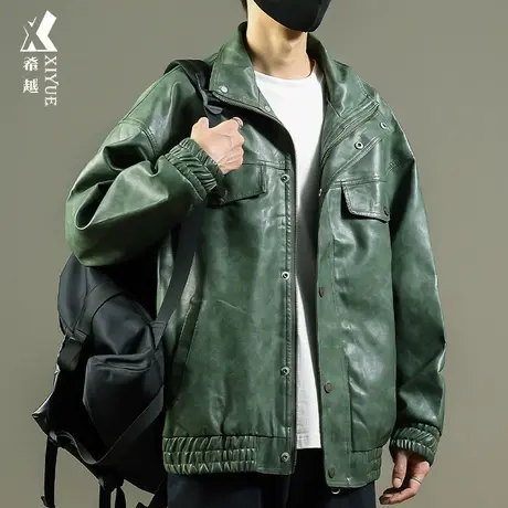 绿色PU皮外套男士宽松大码2023秋季潮牌复古做旧皮夹克男款上衣潮商品大图