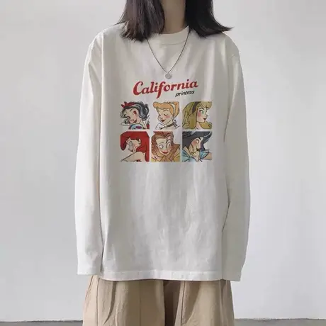 纯棉白色t恤女长袖上衣宽松港风2023年早春秋冬季内搭打底衫ins潮商品大图