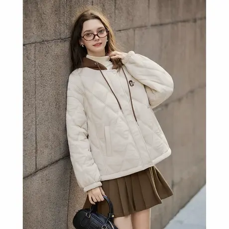 唐狮秋冬女士拼接撞色连帽短款棉衣菱形格时尚百搭设计感棉服tuTA图片