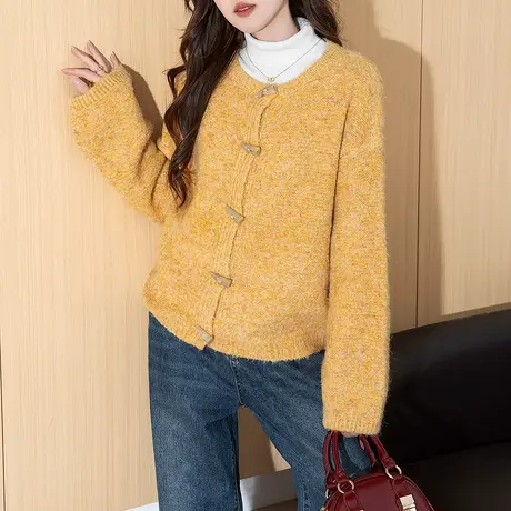唐狮秋冬牛角扣设计圆领开衫女针织外套春秋高级感百搭毛衣女tu图片