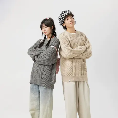 慵懒风麻花毛衣女秋冬2023年新款复古情侣装外套宽松设计感针织衫商品大图