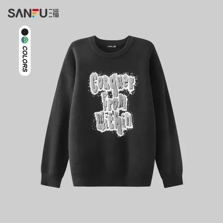 三福2023冬男士毛巾绣字母大廓形毛衣 休闲宽松圆领上衣477116商品大图