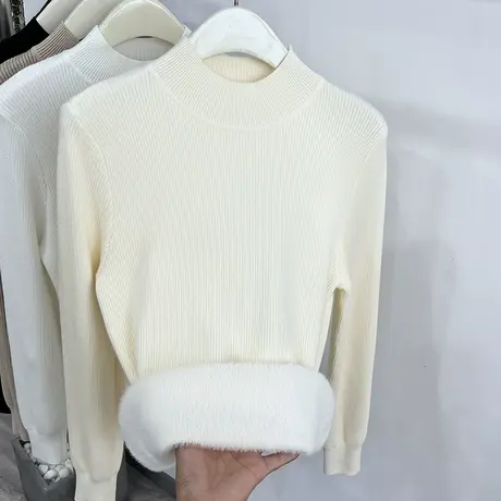 歌倍尚一体式水貂绒长袖针织衫2023秋冬新品纯色加绒加厚保暖上衣图片