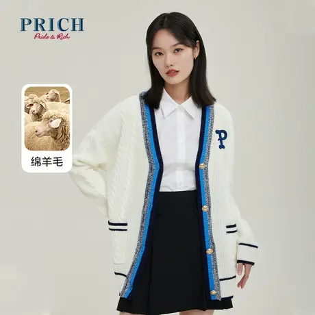 PRICH针织衫新品秋冬新款V领撞色金属扣开衫上衣女商品大图