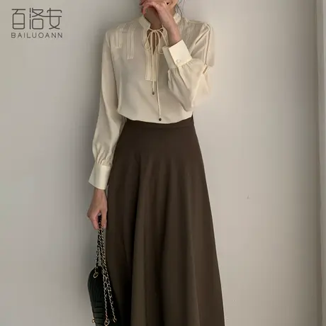 百洛安蕾丝拼接立领系带衬衫女秋季新款时尚宽松百搭长袖上衣衬衣图片