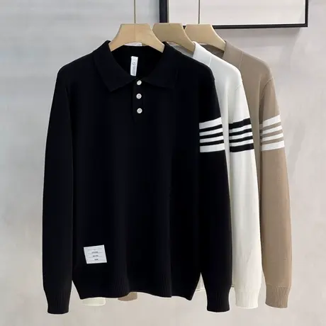 条纹撞色polo领套头针织衫男文艺学院风23秋冬季新款韩版毛衣外套图片