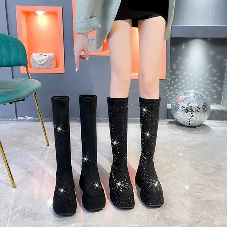 长筒靴女秋冬季新款2023年水钻小众设计感时尚高跟厚底不过膝靴子商品大图