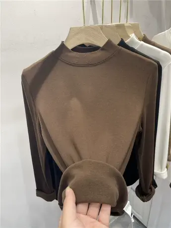 欧货半高圆领刺绣加绒长袖T恤女2023秋冬新款百搭亲肤打底衫上衣商品大图