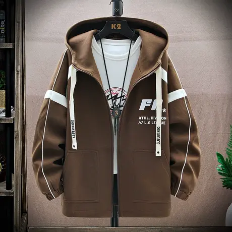 连帽外套男春秋款字母印花夹克男休闲宽松开衫卫衣青少年工装褂子商品大图