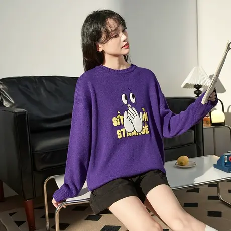 唐狮电光紫可爱毛衣女秋冬款圆领设计感小众毛衣针织衫减龄软糯风商品大图