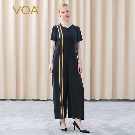 VOA重磅真丝圆领短袖藏青单排扣不对称撞料拼接百搭桑蚕丝连体裤图片