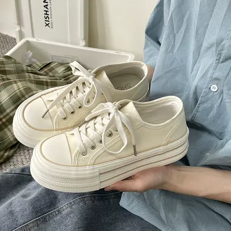奶油厚底帆布鞋女2023年新款秋季小白鞋百搭小众大头鞋松糕底板鞋商品大图
