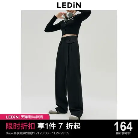 乐町腰头设计感黑色休闲裤2023年春夏新款时尚宽松直筒裤女拖地裤商品大图
