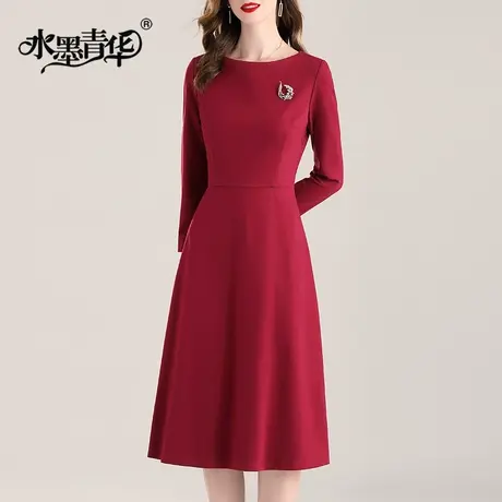 水墨青华连身裙春装新款打底裙中长款红色显瘦连衣裙轻奢优雅图片