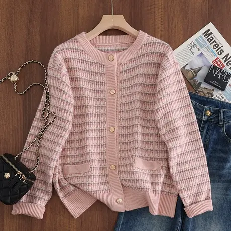 开衫女2023秋冬新款韩版宽松小香风长袖圆领毛衣外套纽扣百搭上衣商品大图