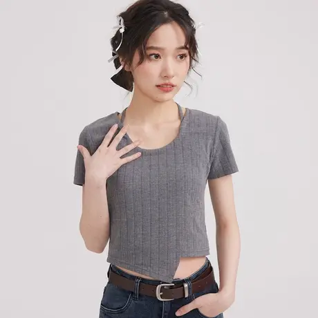 尔给修身显瘦不规则短袖t恤女夏2023新款短款美式挂脖吊带上衣商品大图