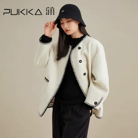 蒲PUKKA 大衣圆领双口袋单排扣呢子外套奶白色秋冬新品图片