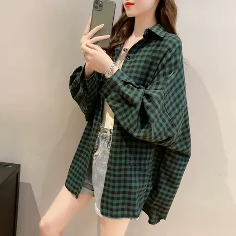 女装格子衬衫女外套中长款春装2023新款宽松韩版百搭印花衬衣潮图片