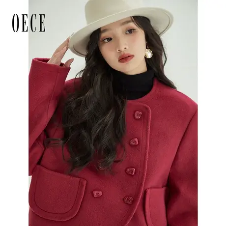 Oece复古双面羊毛呢大衣冬新款女装气质短款呢子外套女小个子图片