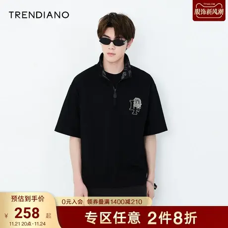 TRENDIANO夏季新款时尚休闲百搭宽松翻领短袖半拉链Polo衫男商品大图