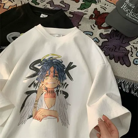 潮牌高街短袖t恤男ins美式复古恶魔天使印花夏季宽松大码体恤半袖图片