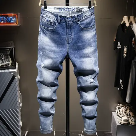 2021新款夏季薄款破洞牛仔裤男潮牌宽松直筒裤子休闲男士长裤百搭商品大图