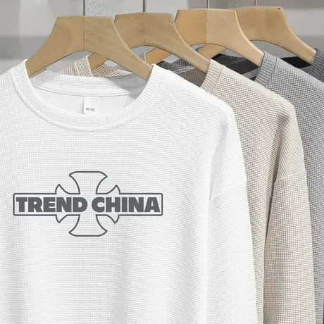 男士卫衣华夫格白色圆领长袖t恤中国潮流宽松秋季无帽套头上衣服商品大图