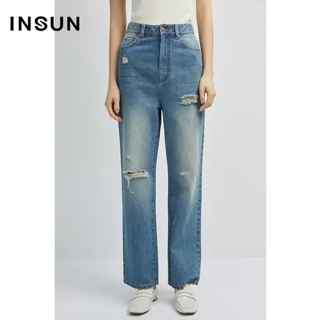 INSUN恩裳秋季破洞复古洗水纯棉牛仔裤商品大图