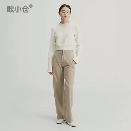 欧小仓 米色短款针织衫女秋叠穿长袖毛衣精梳棉圆领套头打底衫商品大图