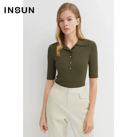 INSUN恩裳春季坑条修身短袖毛针织衫商品大图