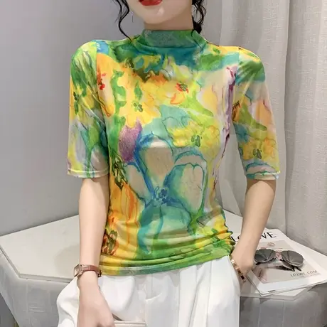 欧货漂亮网纱T恤女五分袖洋气百搭半高领上衣修身显瘦中袖小衫ins图片