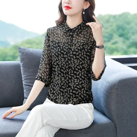 雪纺衫女2023年新款夏装高端别致半袖洋气大码女装妈妈中袖女上衣商品大图