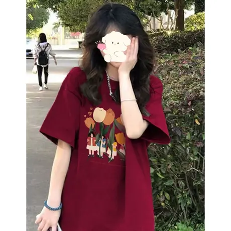 酒红色正肩短袖t恤半袖女2023年新款夏季美式高街设计感小众上衣商品大图