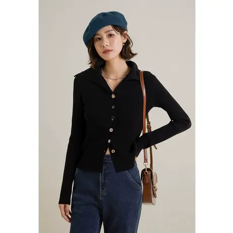 弥古黑色大翻领毛衣针织衫女春秋外套小众外搭开衫设计感纽扣上衣商品大图