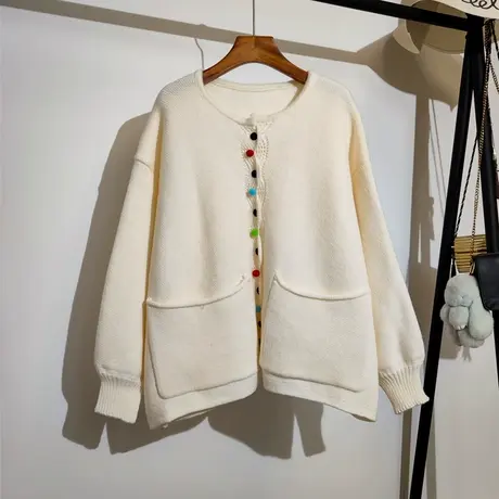 慵懒风毛衣开衫女秋冬新款韩系宽松大码时尚圆领长袖针织大衣外套商品大图