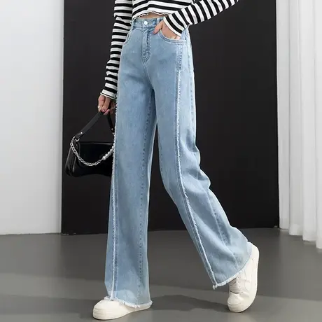 浅色毛边阔腿牛仔裤女2023新款春夏薄款女裤春季裤子拖地裤直筒裤商品大图