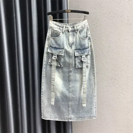 个性口袋2023秋季新款浅蓝色后边开叉高腰百搭牛仔中长款a字裙女图片