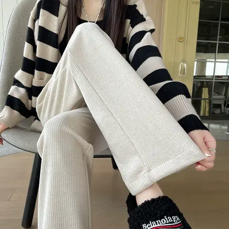 杏色仿羊绒雪尼尔阔腿裤女秋冬新款高腰宽松垂感休闲窄版直筒裤子图片
