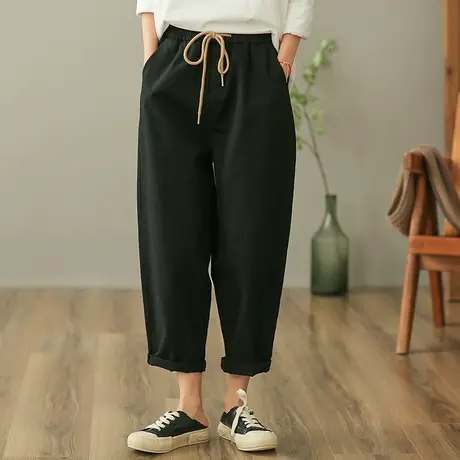 dza 高腰显瘦抽绳九分休闲裤女士春季宽松阔腿裤百搭直筒裤哈伦裤图片