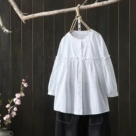 夏装新款韩版休闲圆领条纹七分袖衬衫女百搭显瘦木耳花边中袖上衣图片