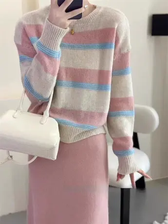 毛衣女款2023新款欧货圆领复古条纹撞色宽松显瘦洋气百搭羊毛针织图片