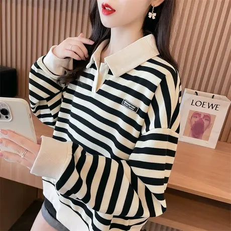 早秋小个子polo领卫衣女春秋季韩版宽松薄款条纹百搭撞色上衣外套图片