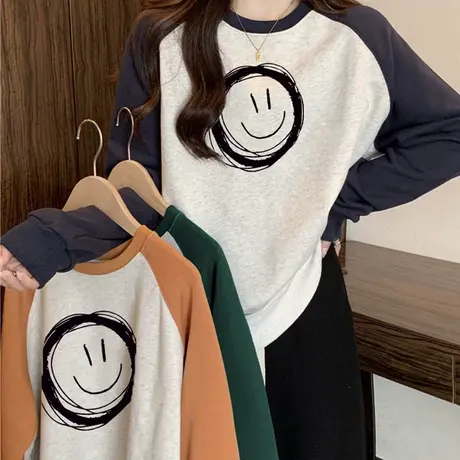 拼接撞色插肩长袖卫衣女秋冬装韩版宽松休闲百搭加绒保暖圆领上衣图片