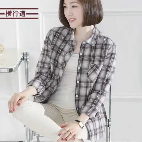 横行道2025春装新款长袖外穿格子宽松衬衫外套大码女纯棉衬衣方格商品大图