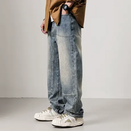 美式高街宽松水洗休闲做旧直筒牛仔裤男直筒裤男士裤子直脚牛仔裤商品大图