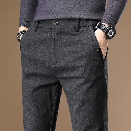 冬季加厚条纹西裤男士休闲长裤宽松直筒上班工作耐磨毛呢裤子耐穿图片