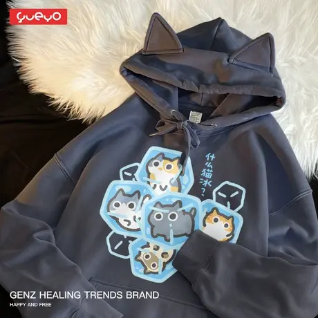 悦游 什么猫冰 2024秋猫耳中性风套头印花卫衣可爱日系宽松上衣男商品大图